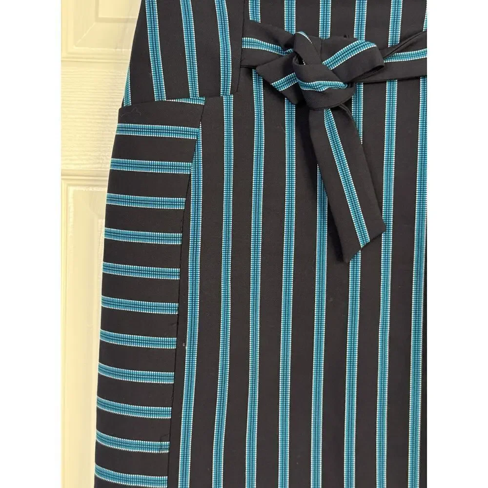 Karen Millen Stripe Skirt Women's 8 BlueMulti Cotton Stretch Pockets Tie NWT